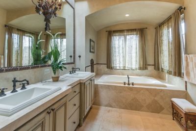 Soaking Tub with Fireplace on the left of Tub