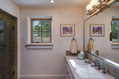 Bedroom #3 En Suite Bathroom Detail -  Limestone Vanity Counter Top and Slate Tile Shower Surround