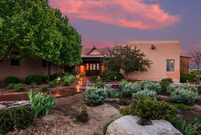 Landscaped Front Gardens and Flagstone Path to the Main House Front Entry, at Sunset.