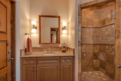 Guest Suite 1 - Over-sized Bedroom or Media Room with fireplace & access to front courtyard (photo not available); Guest Suite 1 - 3/4 Bath