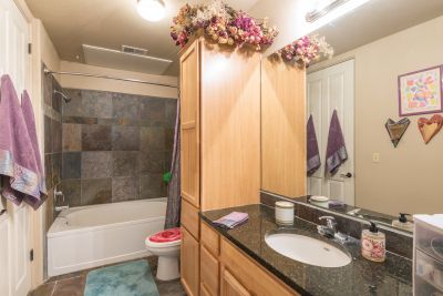 Bathroom with granite counters and slate tile floors and shower/bath