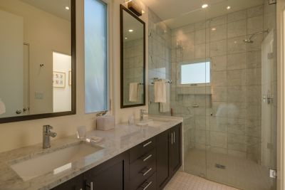Master Bath Double Vanity; Marble Countertop & Shower Walls