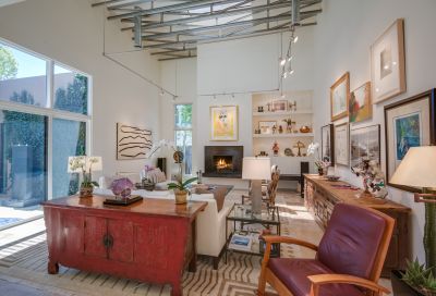 Living Room; Steel Trestles; Custom Art Lighting; Built-in Shelves, Wood-Burning Firepalce