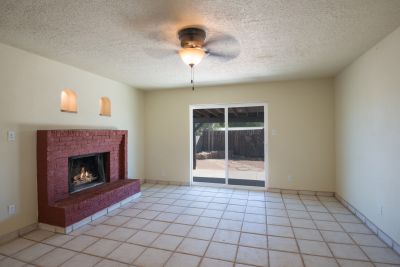 living room with unique fireplace