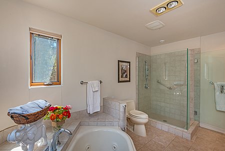 Master Bathroom facing glass-enclosed shower