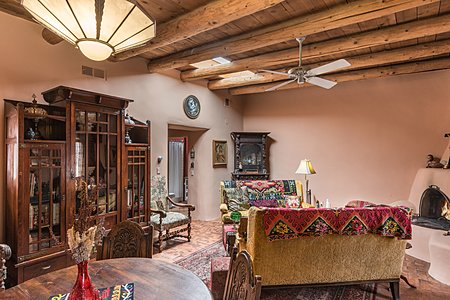 Living Room with corner kiva fireplace