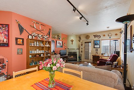Living Room with corner kiva pireplace