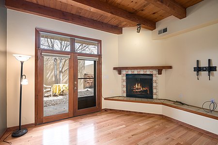Living Room view with Fireplace and view of Entry Courtyard