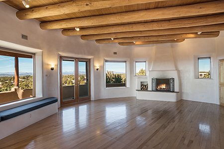Living Room with Fireplace - Wraparound Views of Jemez Mountains
