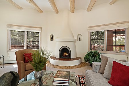 Living room kiva fireplace