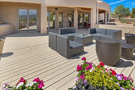 Outdoor living area on wood deck