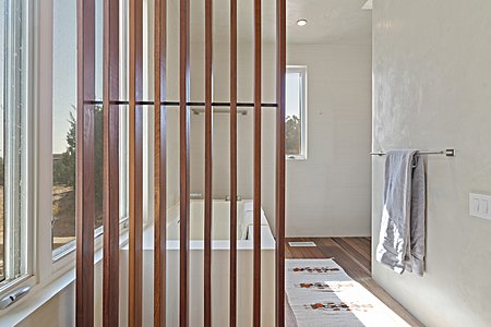 Wood Panel separates Master Tub and Shower from Double Vanity