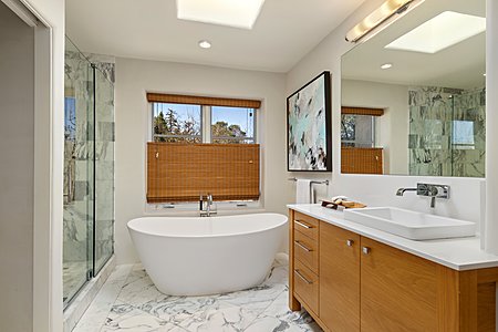 Master bath with marble floors and tiles