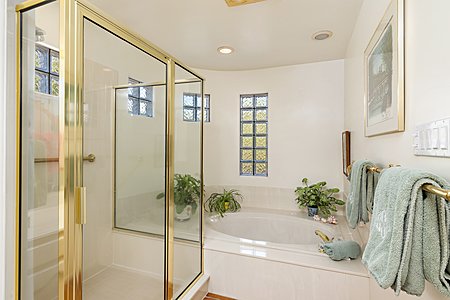 Glass enclosed shower and glamorous master tub