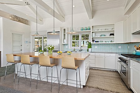 Pendant lighting and peaked ceiling in the kitchen
