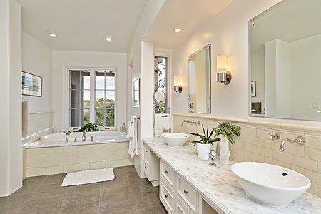 Master Bathroom, looking toward the soaking tub, mountain view & fireplace on the left
