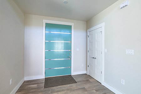 Interior front door has soft contemporary styling 