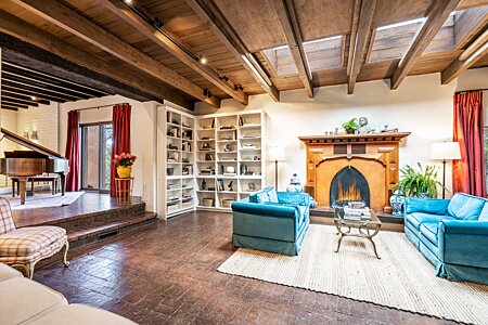 Living Room has a Wood-burning Fireplace and Large Skylight