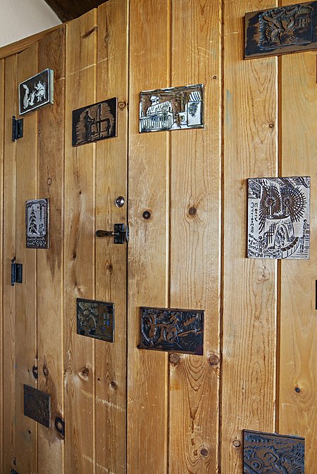 Artist Roger Cheney's ink blocks set in these two doors