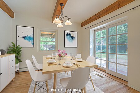 Virtual Staging dining room with patio doors to backyard