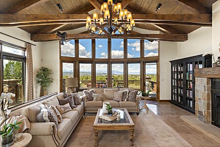 Living Room with Vaulted Ceiling and Exposed Beams