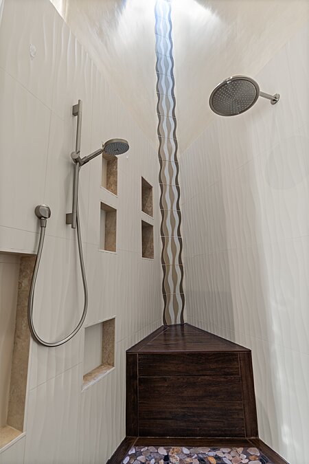 Master Bath Shower, with two shower heads and wall-wash skylight