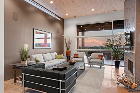Living Room wall with Clerestory Windows & Dramatic View at Sunset
