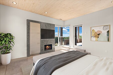 Bedroom 2, w/ Virtual Furniture, showing a different view of the TV, Fireplace & door to Back Portal